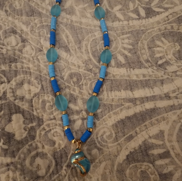 Blue and Gold seashell necklace with sea glass. - Picture 2 of 4